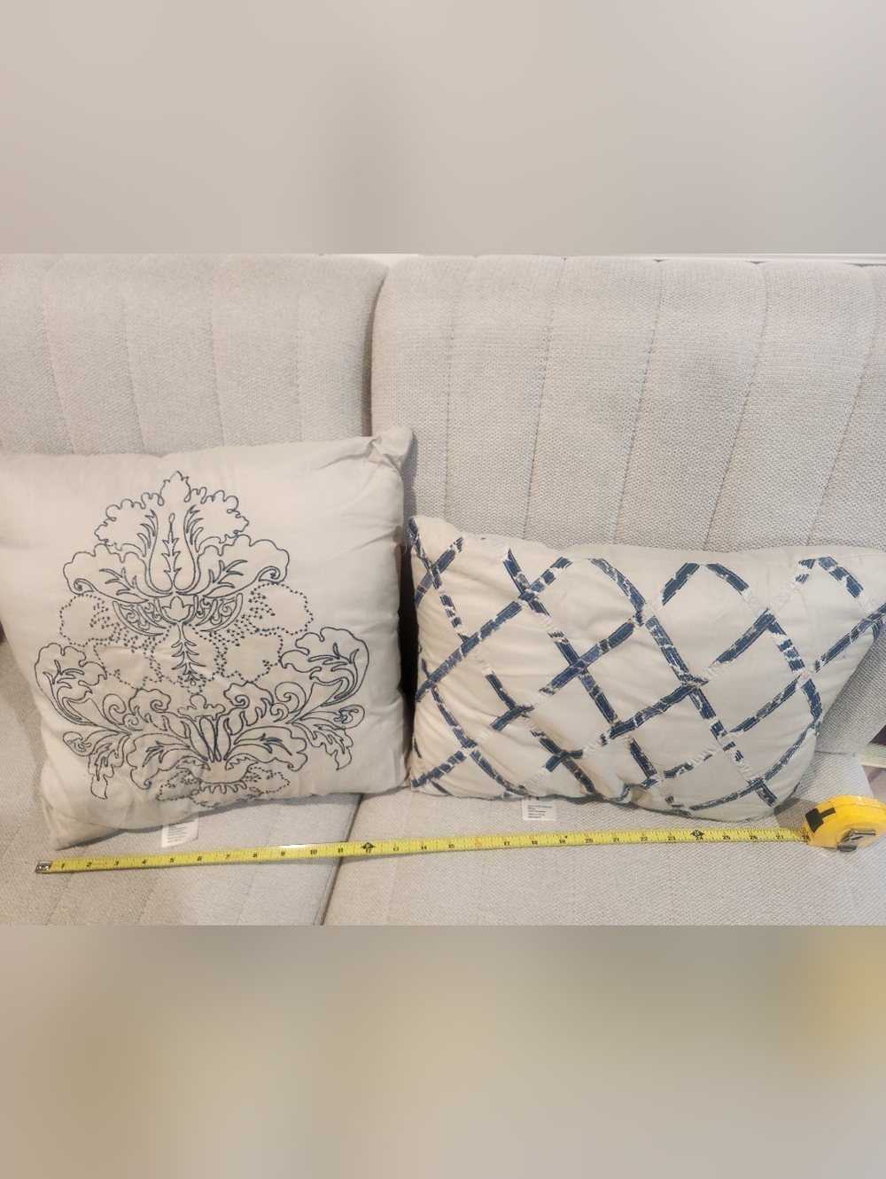 Expressions Cream Accent Pillows with Blue Damask and Lattice Designs